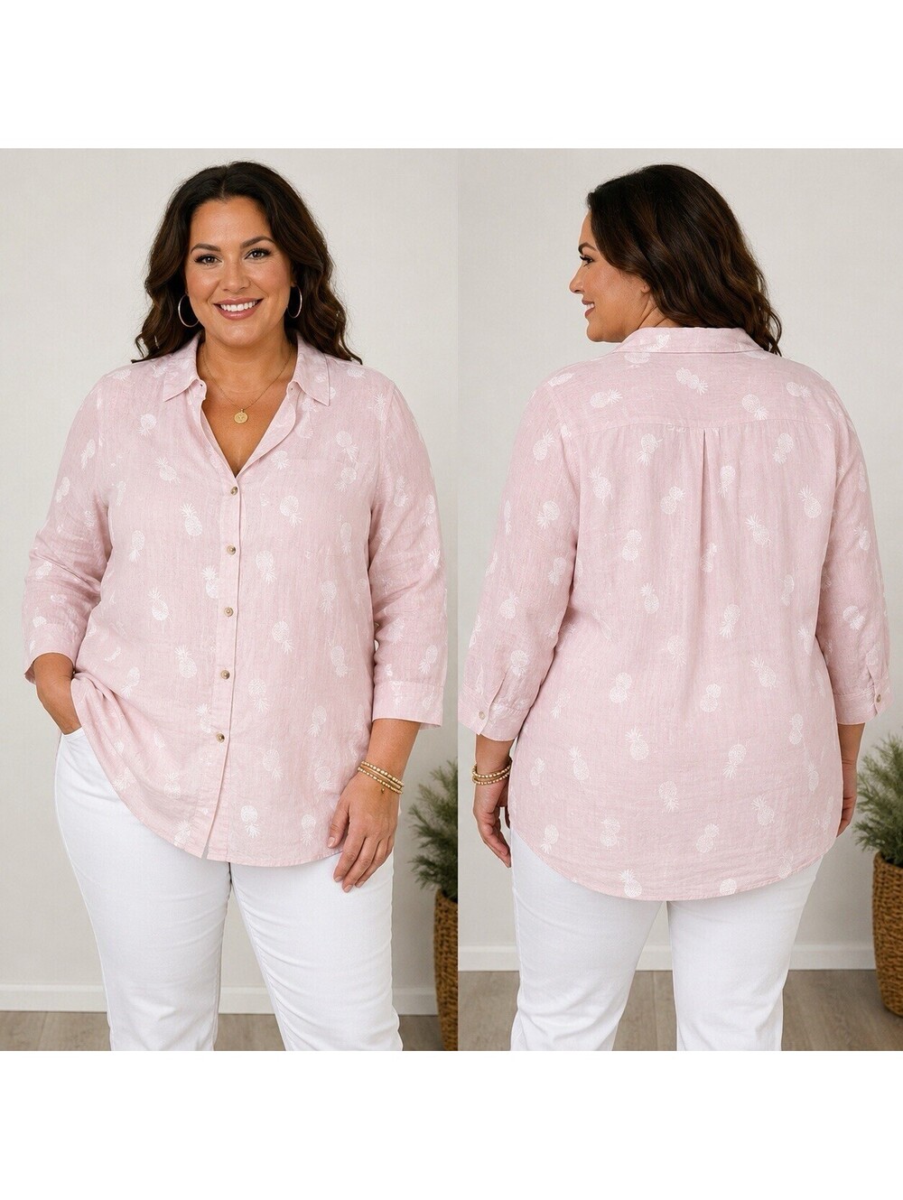 Catherine’s Pink Pineapple Print Linen Blend Tunic Blouse 3X Plus Tropical Beach